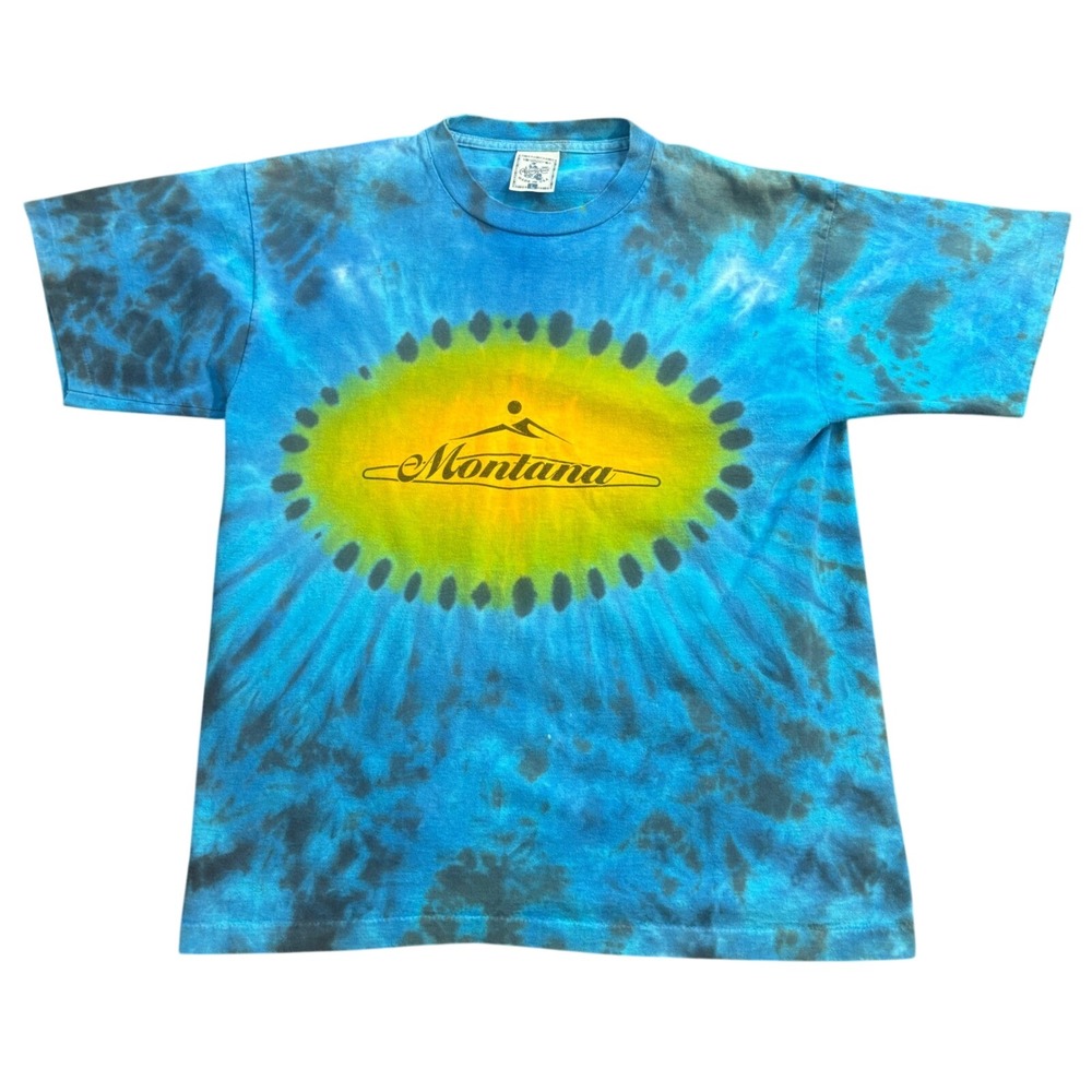 Vintage Alore Montana Tie Dye T Shirt Mens Large Blue Single Stitch Made in USA